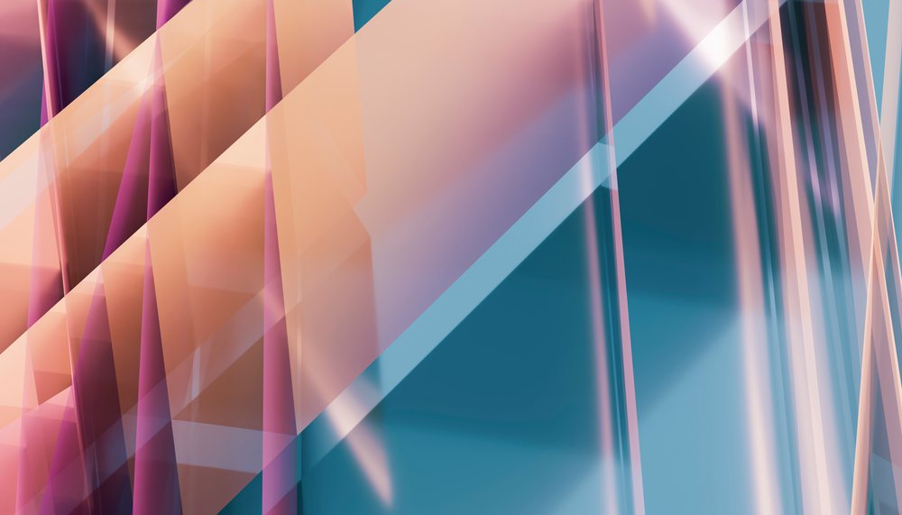 Abstract digital artwork featuring overlapping transparent geometric shapes in pastel blues, pinks, and oranges arranged in a layered composition.