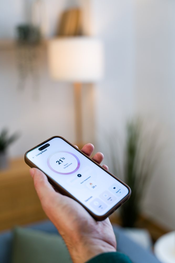 Hand holding smartphone displaying smart home app controlling living room temperature at 21 degrees Celsius indoors, Spain.