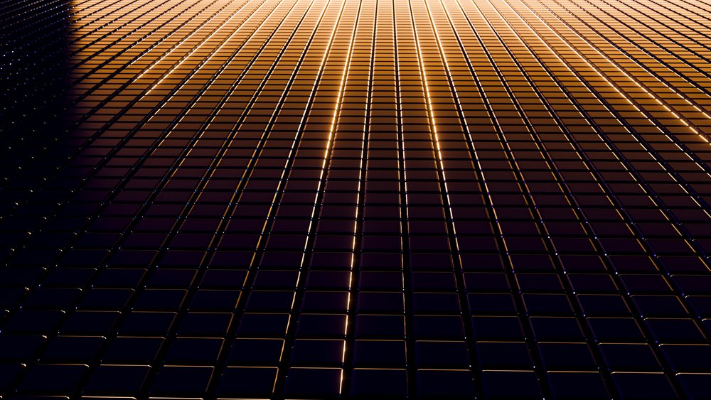 Abstract glowing orange grid pattern on a dark reflective surface with shiny tiles and 3D geometric structure.