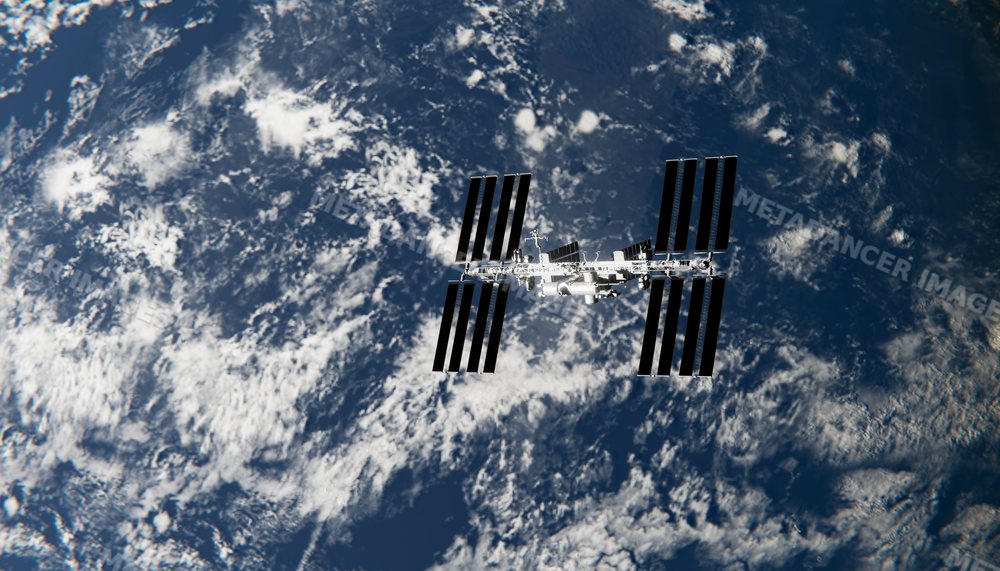 A manned orbiting research facility orbits earth with solar panels
