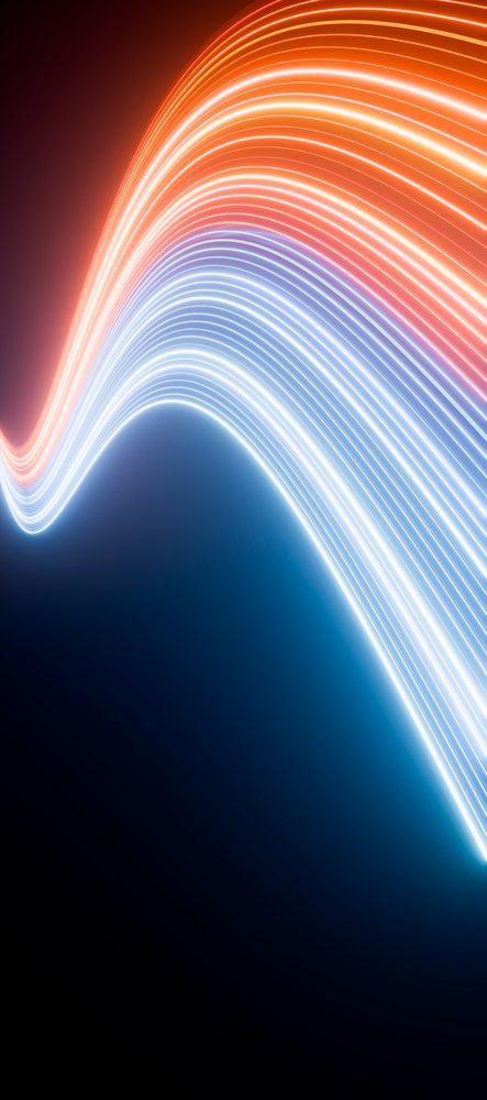 Abstract digital artwork featuring vibrant orange and blue glowing wave-like light streaks on a dark background.