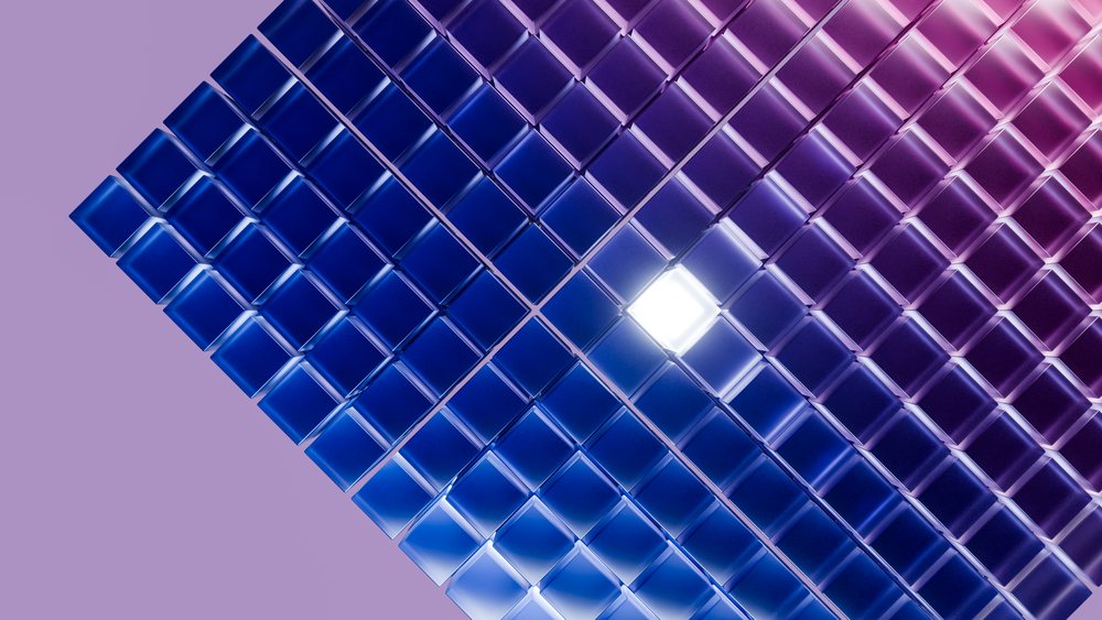 Glowing blue and purple glass cubes arranged in a diagonal geometric pattern with a shining central cube in a digital art illustration.
