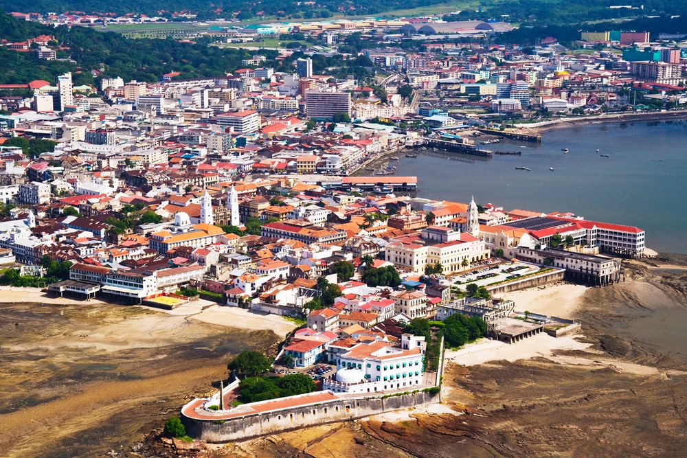Aerial view of Casco Viejo historic district with Spanish colonial architecture and waterfront, Panama City.