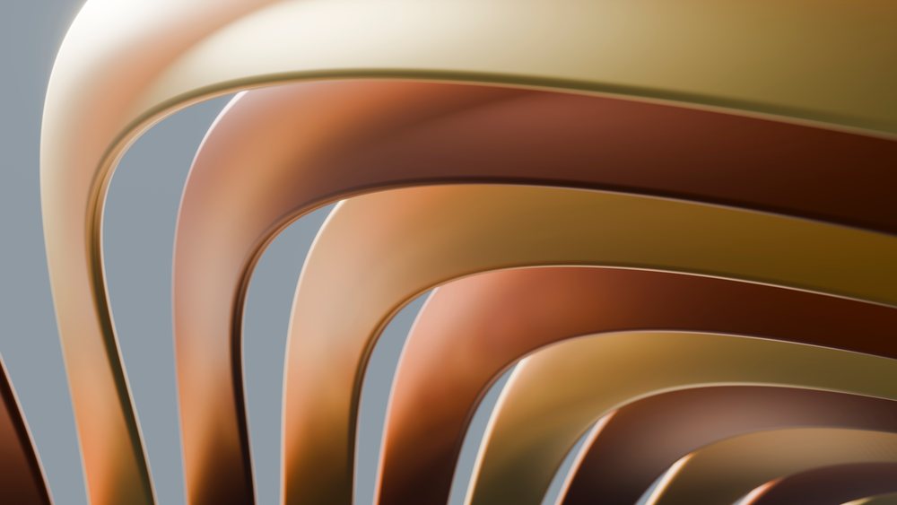 Abstract 3D illustration of smooth curved shapes with a warm color gradient against a gray background.