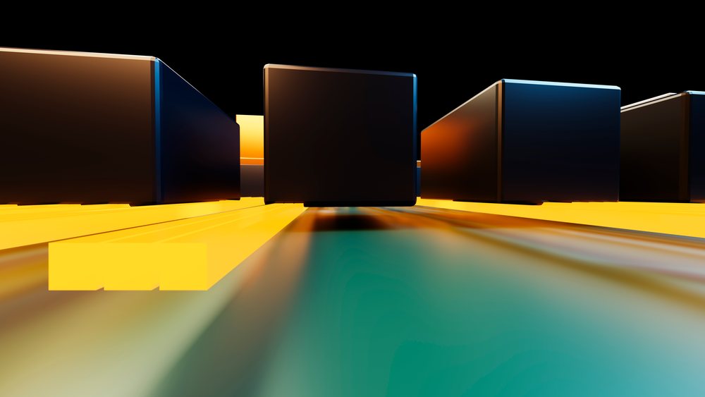 Abstract digital art showing black rectangular blocks on a glossy yellow surface with orange and blue lighting and reflections.