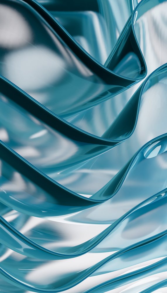 Abstract blue fluid wave shapes form a smooth, elegant pattern with reflective glossy surfaces, abstract render background.