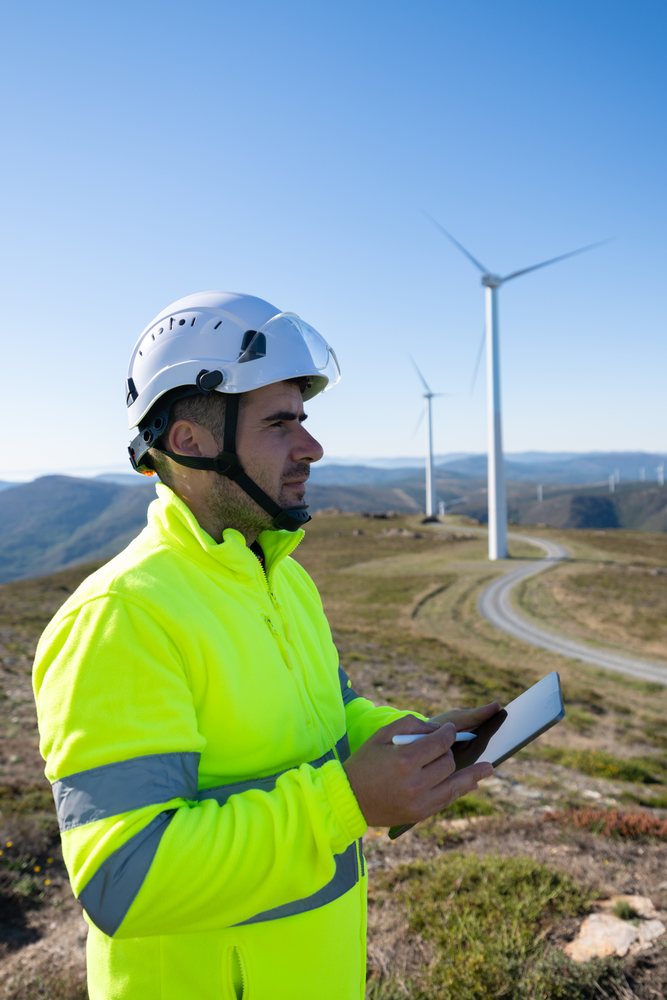 Man wearing safety helmet and high visibility jacket uses a tablet in a wind farm with turbines, sustainability, renewable energy, Galicia, Spain.