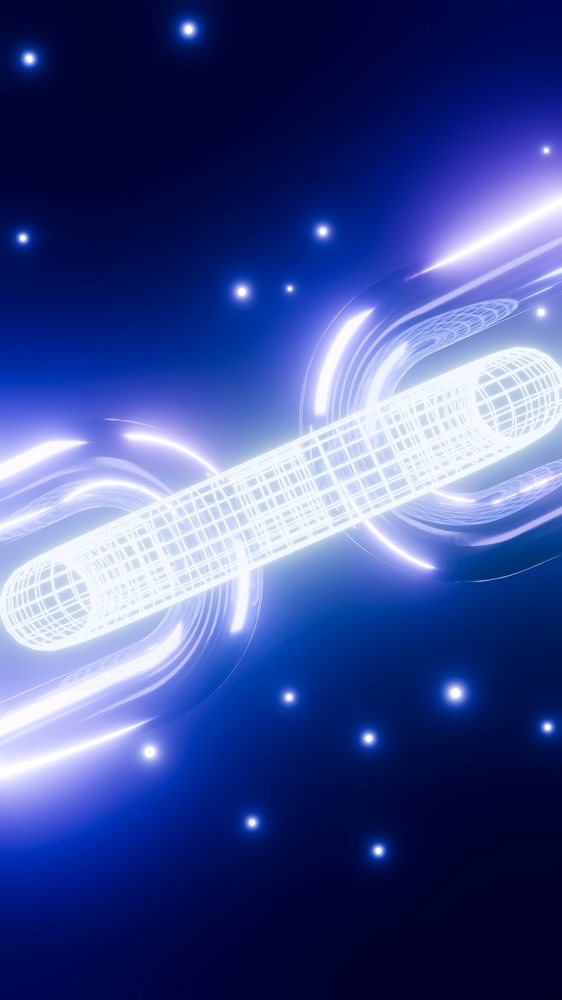 Glowing digital chain link with wireframe elements.