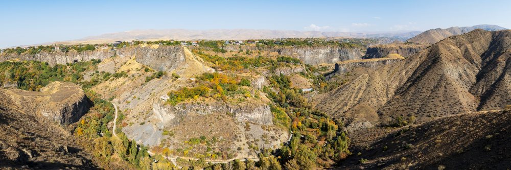 Garni Gorge displays autumn foliage on rocky cliffs and hills, Goght Village, Kotayk Province, Armenia.