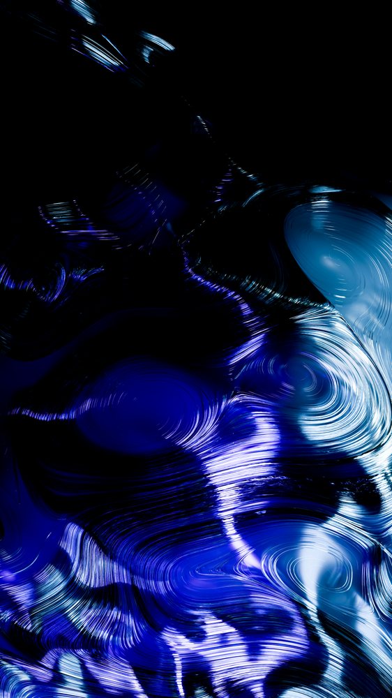 Abstract digital artwork featuring glossy flowing blue and black swirls and curving lines.
