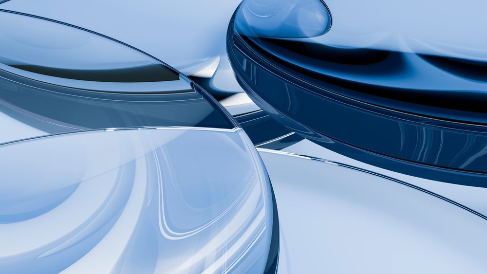 Abstract illustration featuring smooth, overlapping blue and transparent glass shapes with reflective curved surfaces.