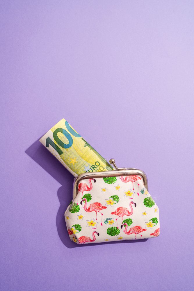 Purse with a pink flamingo and flower pattern holding a 100 euro bill against a purple studio background, Studio Shot.