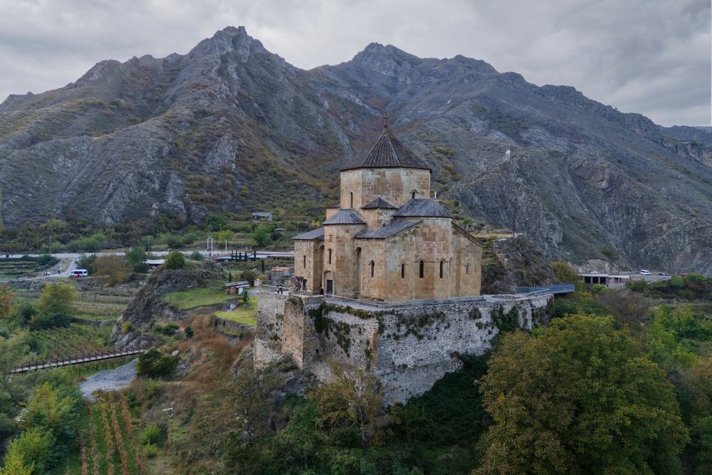 Ateni Sioni Church stands as a medieval stone fortress on a rocky hill, Gori, Georgia.