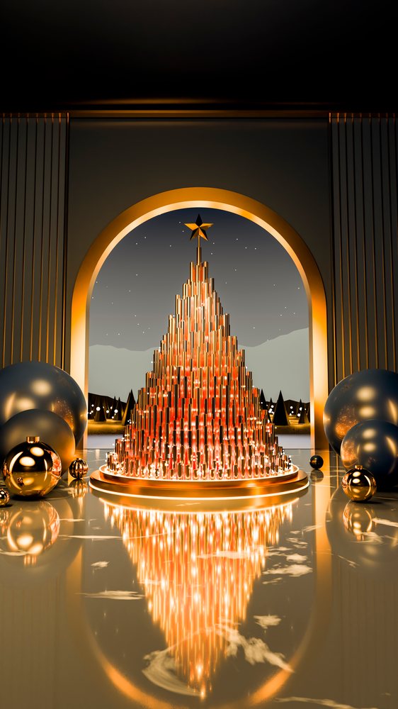 Modern Christmas tree made of golden metallic tubes with a star on top, reflected on a shiny surface beneath an archway at night.