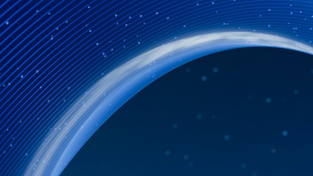 Curved blue ribbons form an abstract wave with flowing lines and scattered light dots on a dark blue background.