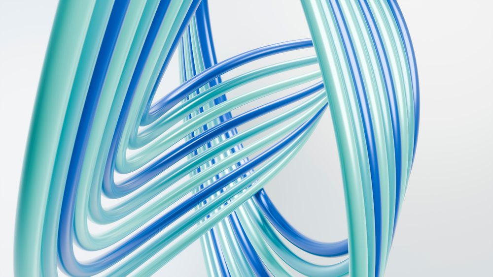 Blue and turquoise intertwined flowing curves form a smooth 3D digital abstract illustration with dynamic movement.