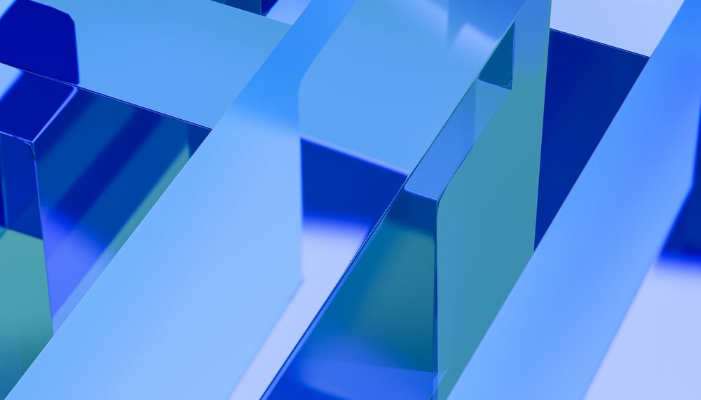 Modern artistic composition of blue abstract geometric shapes with reflective, smooth surfaces, abstract render background.