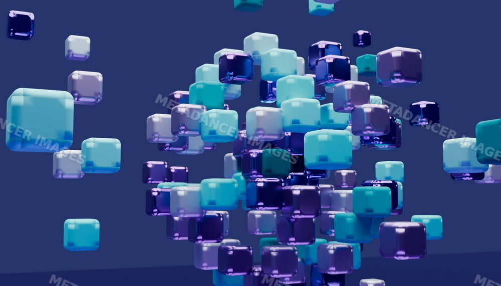 3d rendered abstract floating cubes in shades of blue and purple