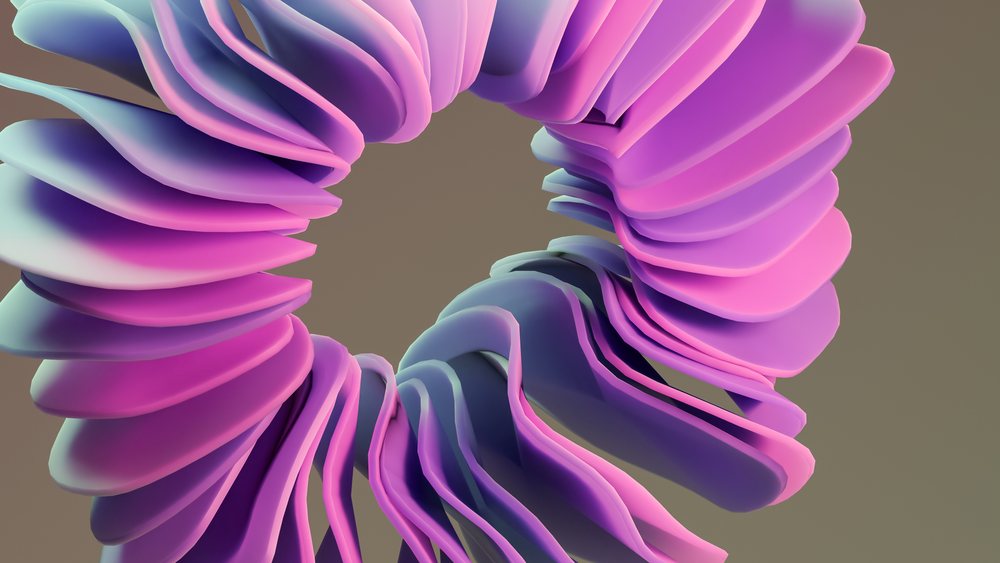 Abstract render of a fluid, curved loop structure in purple and pink tones with smooth texture and dynamic shapes.