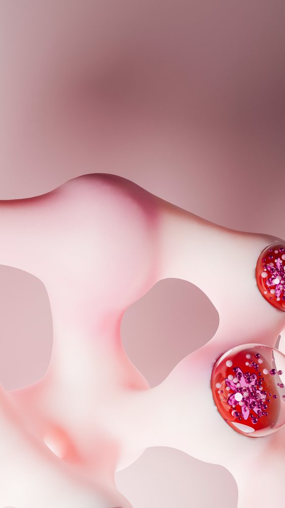 Digital illustration showing an abstract pink smooth shape adorned with red decorative spheres on a pink background.
