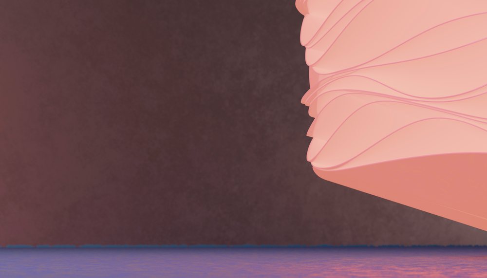 Pink abstract sculpture with wavy layered design on a purple floor and brown background.