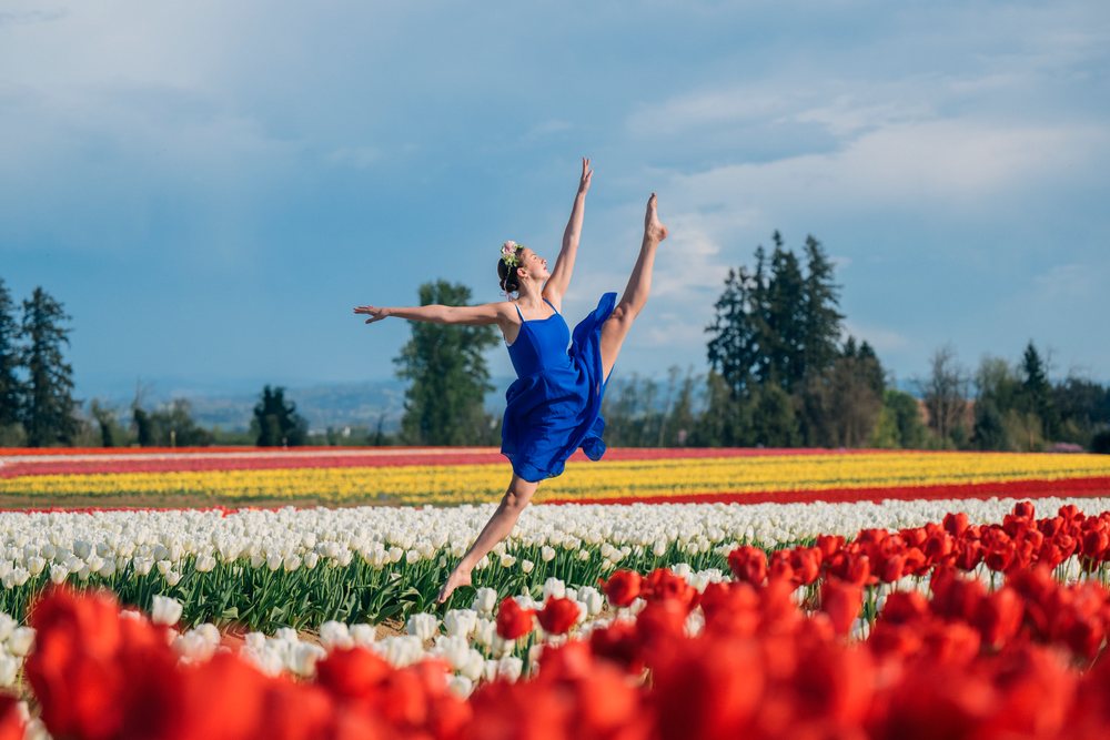 Woman Ballet dancer leaps gracefully over a colorful tulip field outdoors, USA.