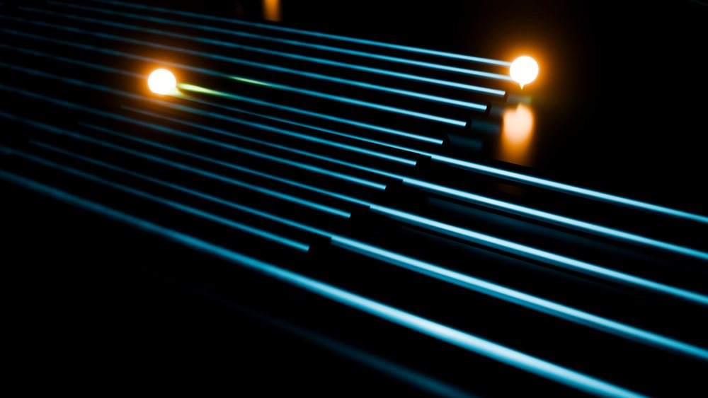 Parallel blue light beams cross a dark space, each ending in a glowing orange sphere, creating a symmetrical luminous pattern.