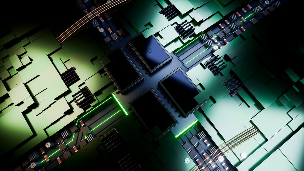 Closeup of a black computer chip centered on a circuit board with green glowing light strips and electronic components.