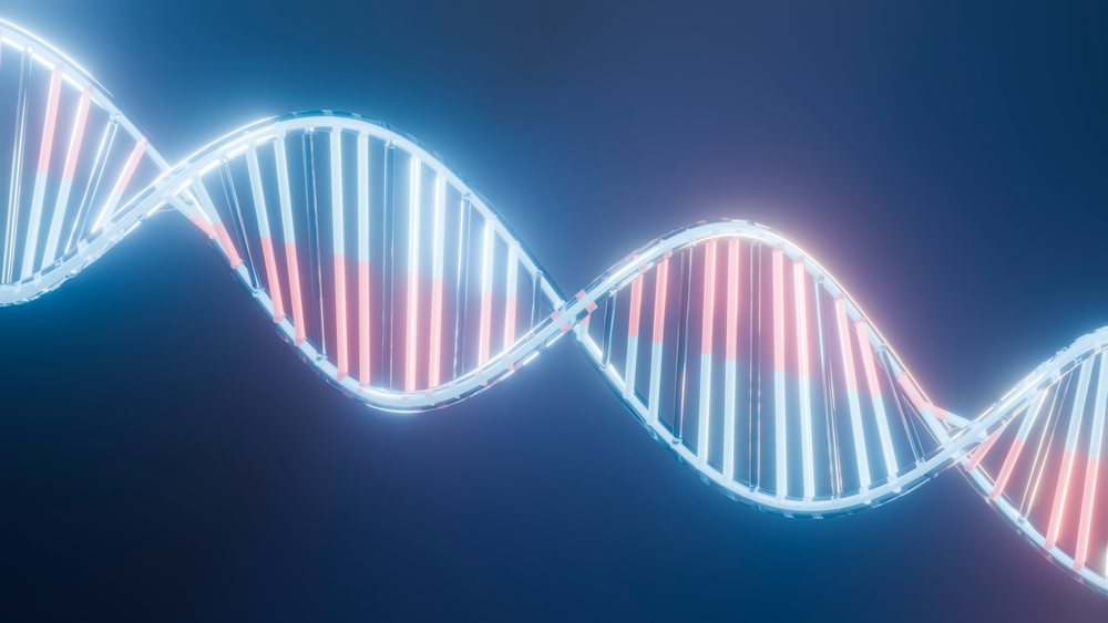 DNA double helix molecular structure glowing against a blue background in a scientific illustration.
