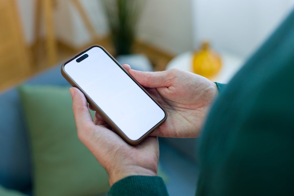 Two hands holding a smartphone with a blank screen indoors, technology, young adult, home.