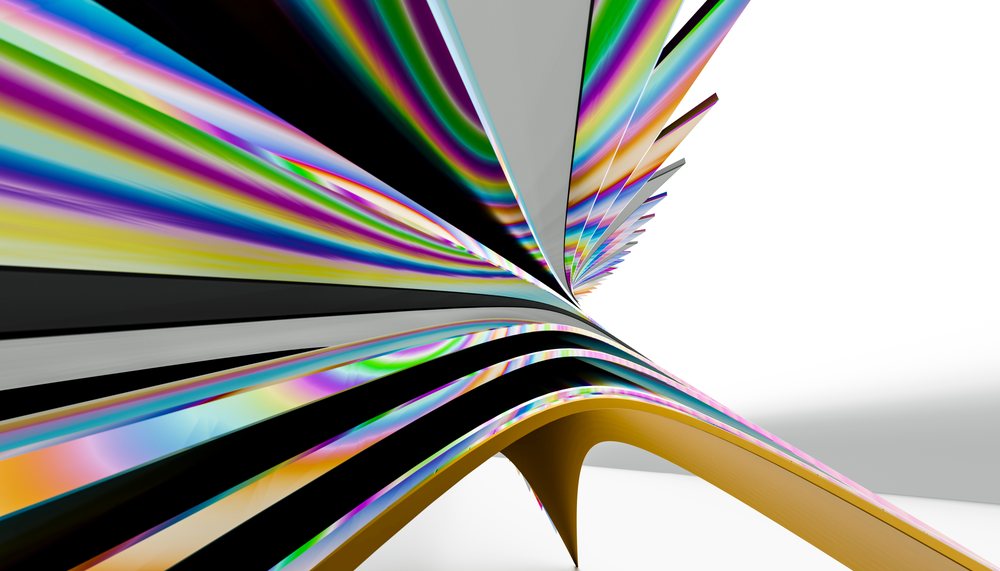 Abstract digital artwork featuring colorful curved stripes and dynamic flowing shapes on a white background.