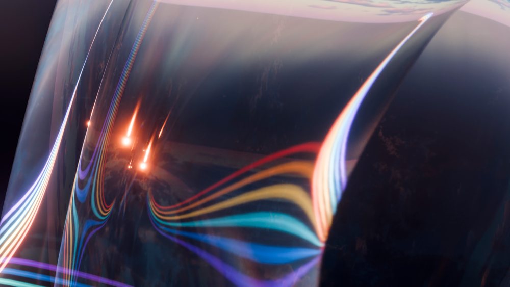 Abstract illustration of colorful iridescent light trails flowing over a smooth wave-like surface with reflections.