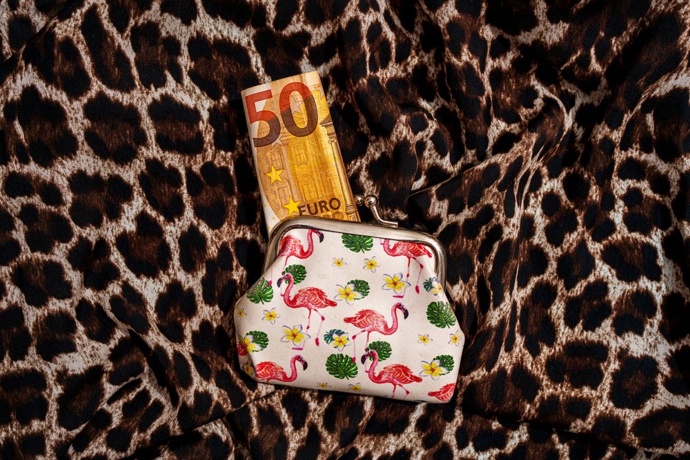 Coin purse with pink flamingo pattern holding a fifty euro note on leopard print fabric, Studio Shot.