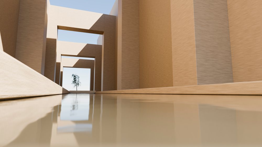Minimalist modern architectural corridor features reflective water and a solitary tree under clear sky with shadow play.