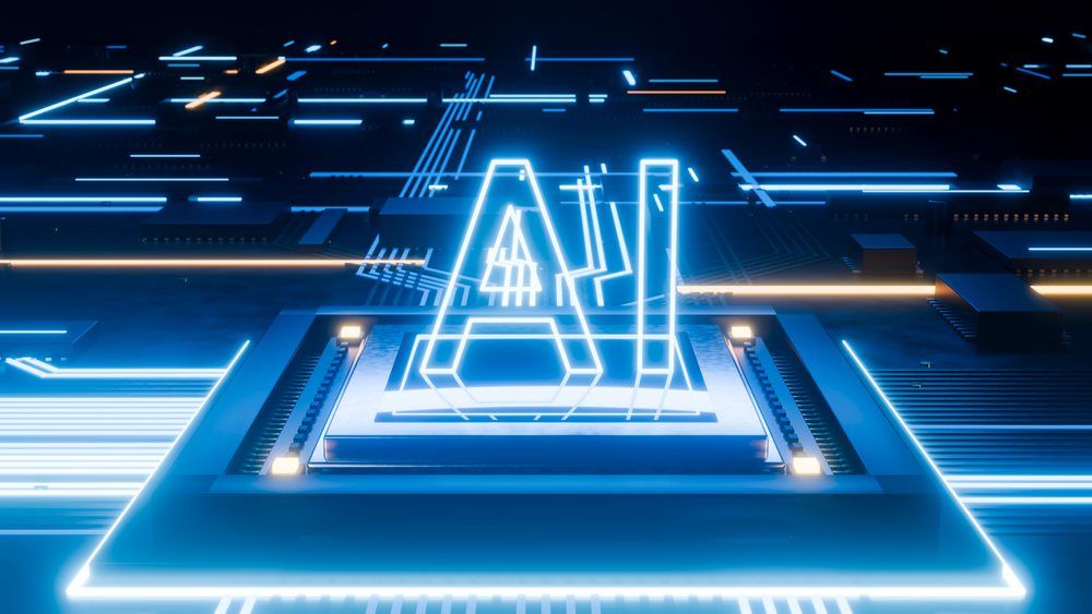 Glowing artificial intelligence letters displayed atop a microchip on a digital circuit board.