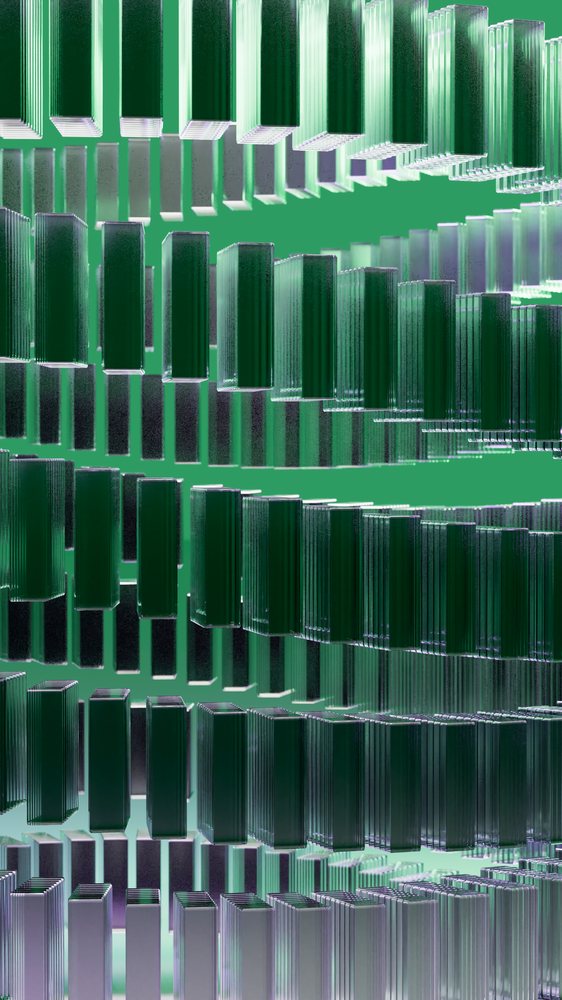 Stacked transparent green glass blocks form a geometric abstract pattern with visible reflections in a digital illustration.