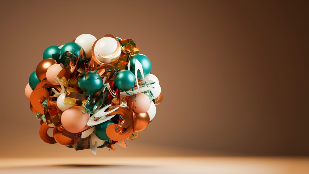 Abstract digital 3D floating sphere composed of colorful geometric shapes on a smooth brown background.
