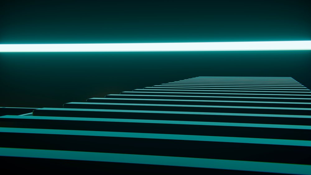 Modern minimalist staircase in a dark interior is.
