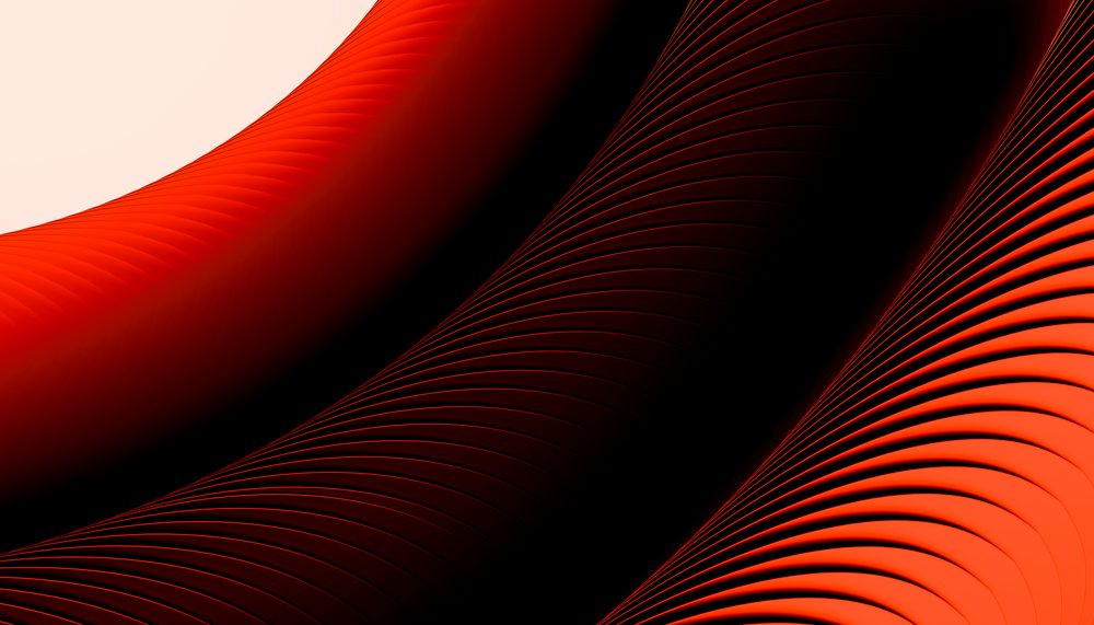 Digital art featuring smooth red and black curved waves with flowing patterns and gradient lighting.