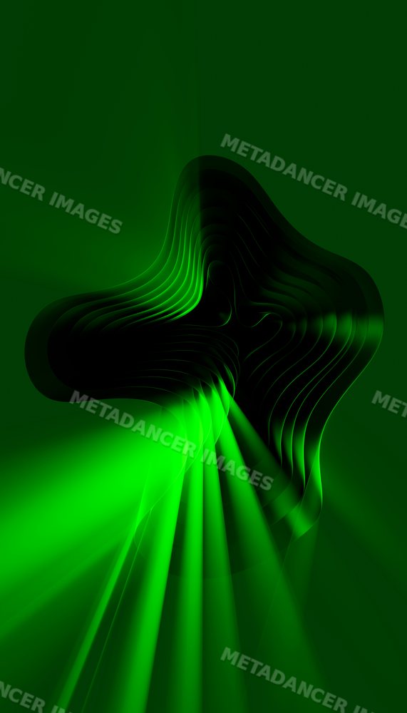 Abstract digital green light beams create futuristic curved layers