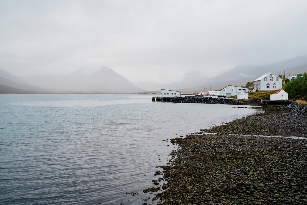 A calm coastal scene with small houses and a pier on the rocky shore of a foggy fjord, Iceland.