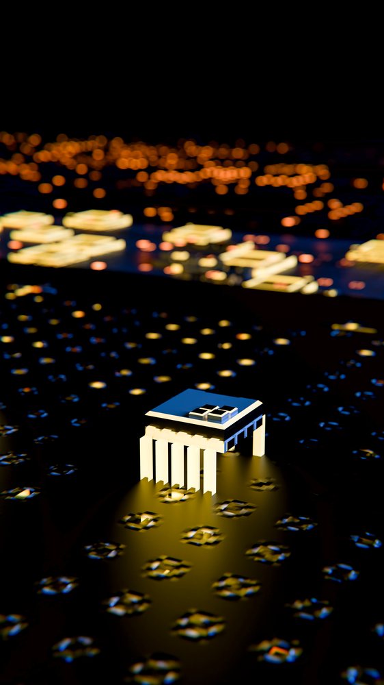 Small white modern building model illuminated at night sits on a reflective surface with glowing dots and geometric patterns.