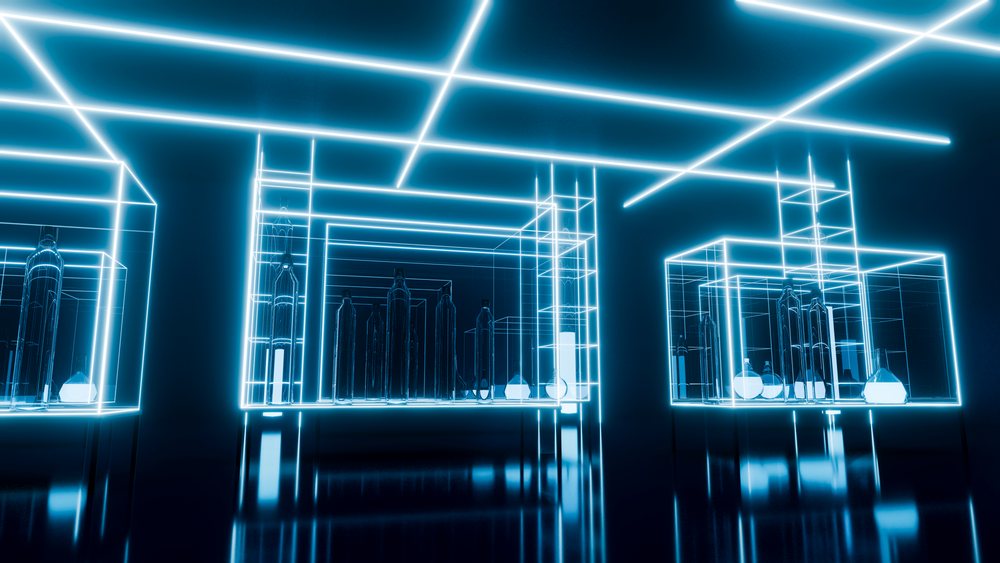 Glass bottles displayed on illuminated blue neon shelves in a dark modern room with reflective flooring.