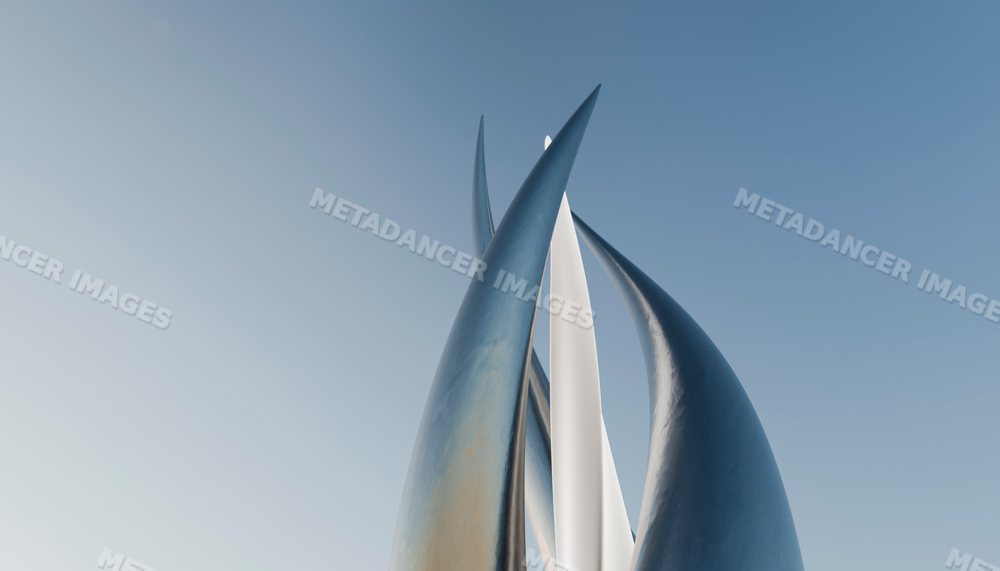 Modern abstract metal sculpture with curved upward shapes against blue
