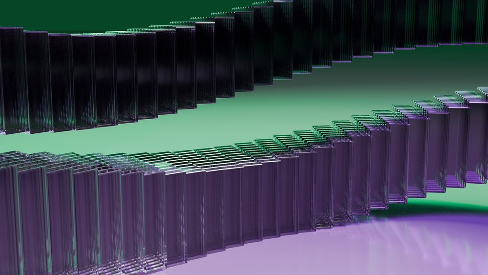 Rectangular transparent glass panels stacked in two curved rows against a green background in a 3D digital illustration.