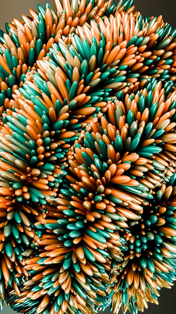 Cluster of smooth, spiky orange and teal abstract shapes forming a shiny decorative digital art pattern.