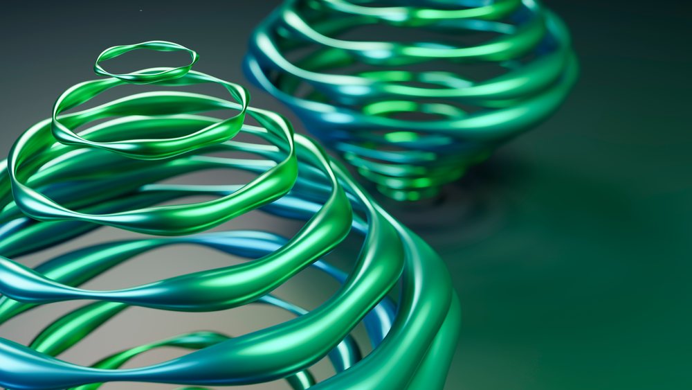 Abstract digital illustration showcasing twisted green and blue spiral shapes with smooth surfaces on a blurred background.