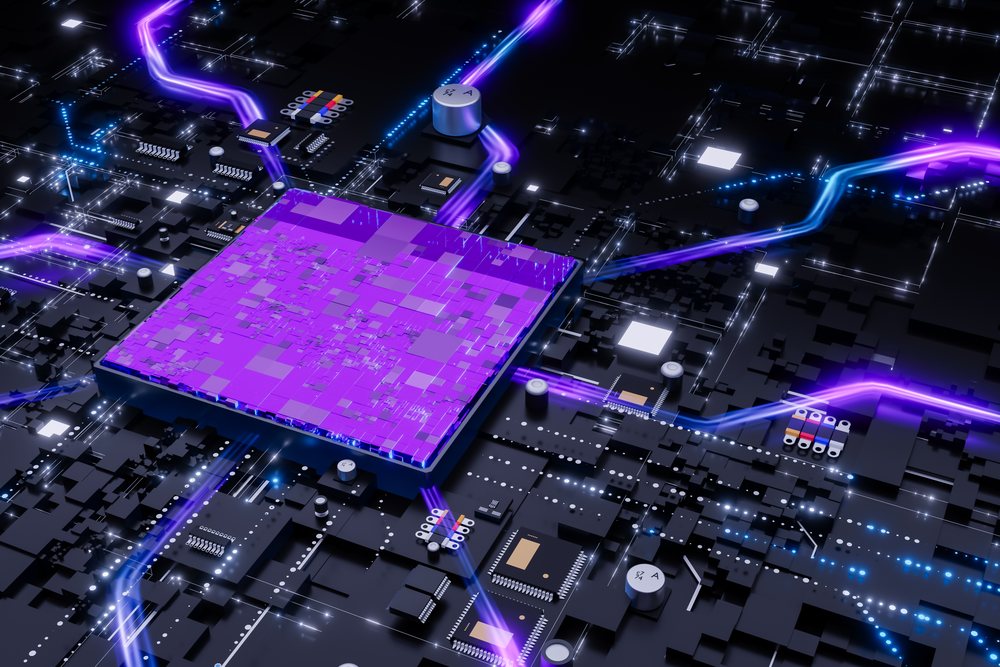 Microchip with glowing purple light trails on an electronic circuit board in an abstract render background.