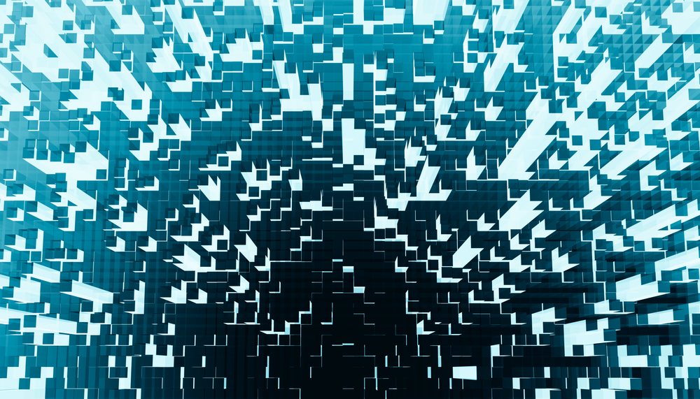 Abstract 3D blocks forming a dynamic digital cube pattern in blue representing technology and innovation.