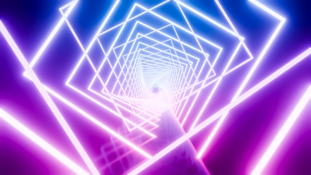 Neon lights form a glowing abstract spiral tunnel with purple and blue geometric shapes creating a futuristic visual effect.